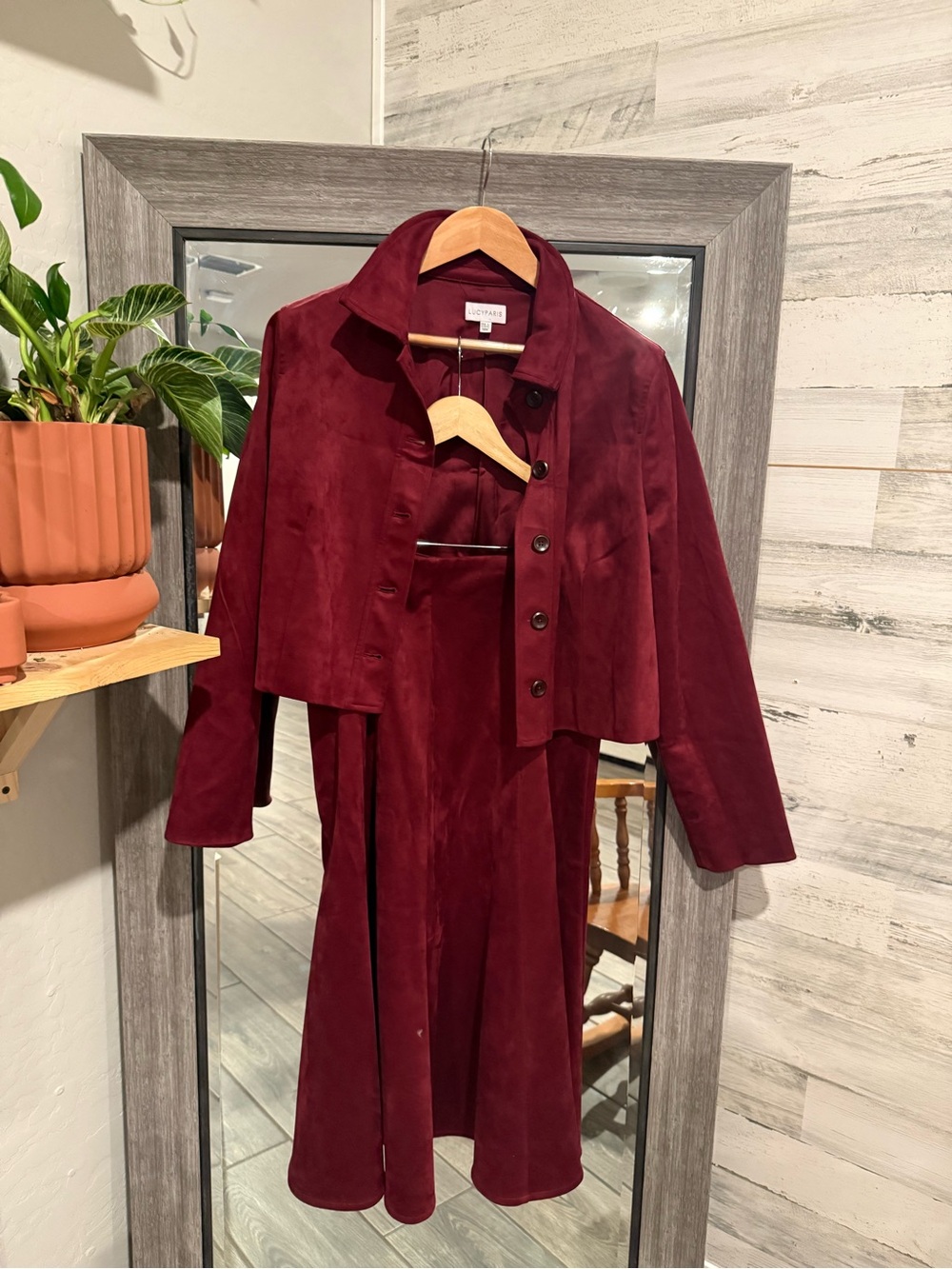 Lucy Paris Wine Red Suede Maxi Dress with Matching Cropped Jacket